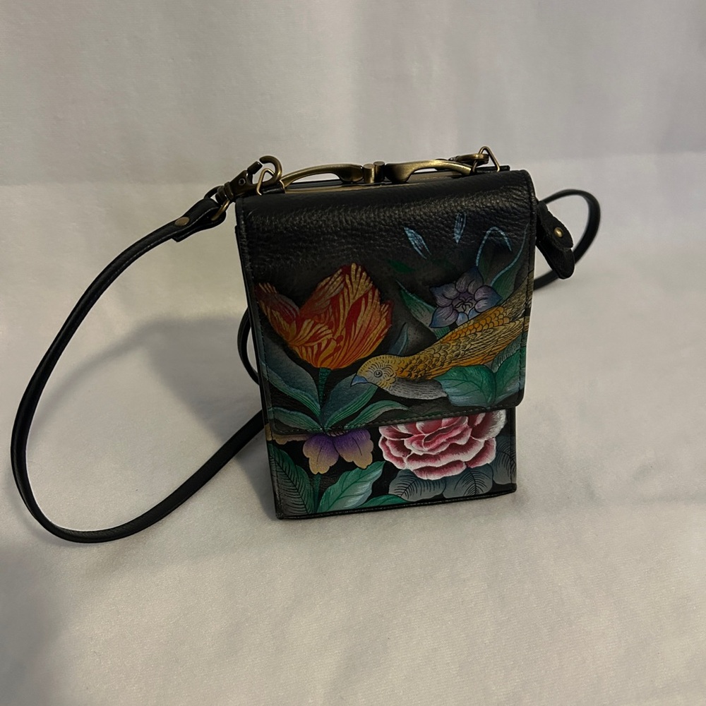 Anuschka Black Crossbody Bag with Floral and Bird Design